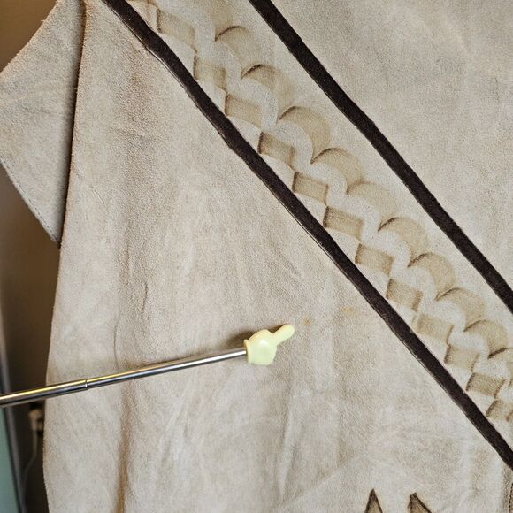 Mexican Vintage Suede Leather Fringe Poncho Pyrography Native Aztec Cape Costume - Picture 10 of 11